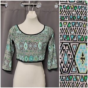Vintage y2k Joseph Ribkoff Crop Top Turquoise Green Tribal‎ Geometric Sequin 6